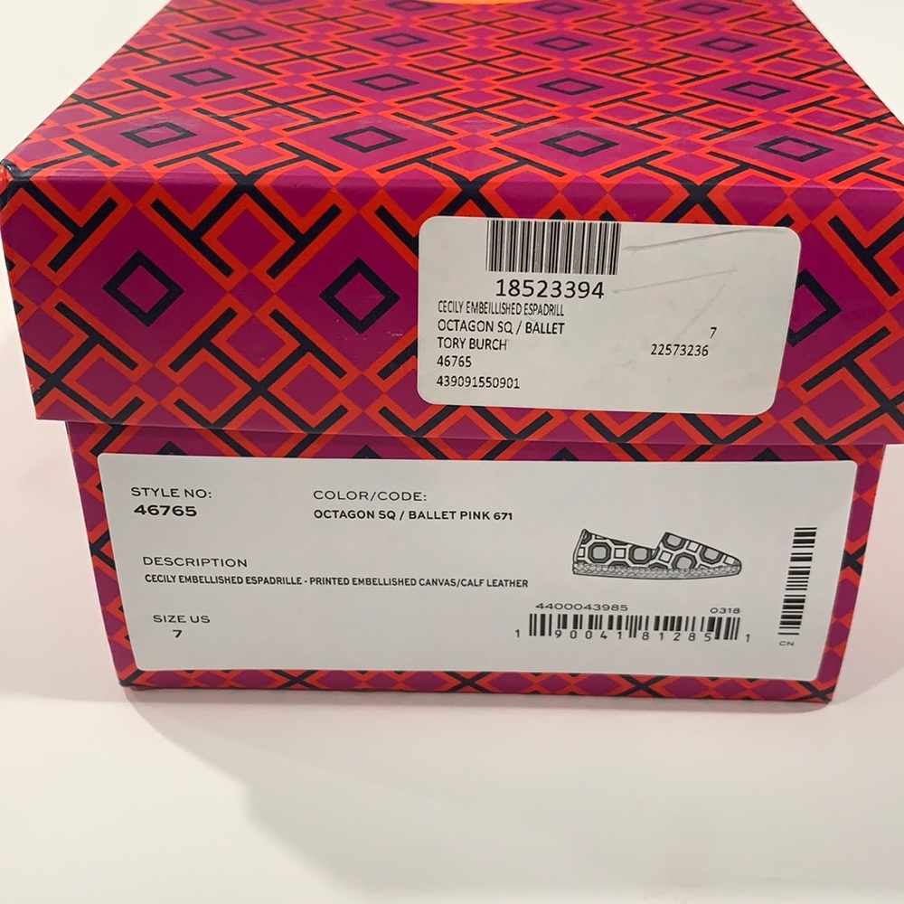 Tory Burch Octagon Sq Ballet Pink Printed Embellished Canvas Flats Shoes